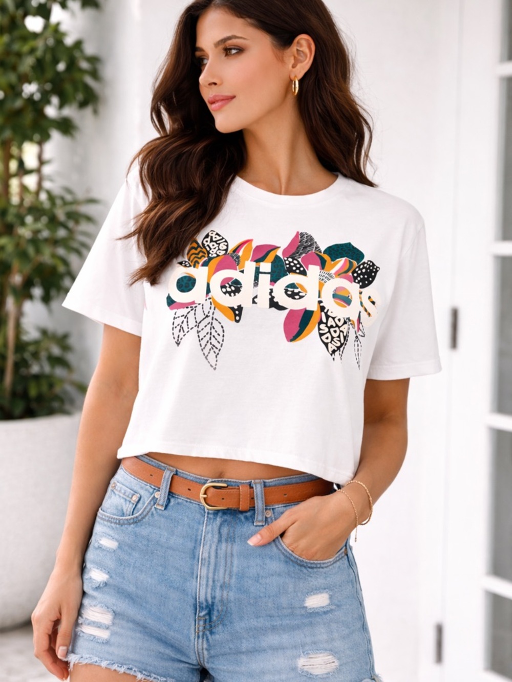Adidas x FARM Rio Floral Logo Tee White Boxy Crop Graphic L